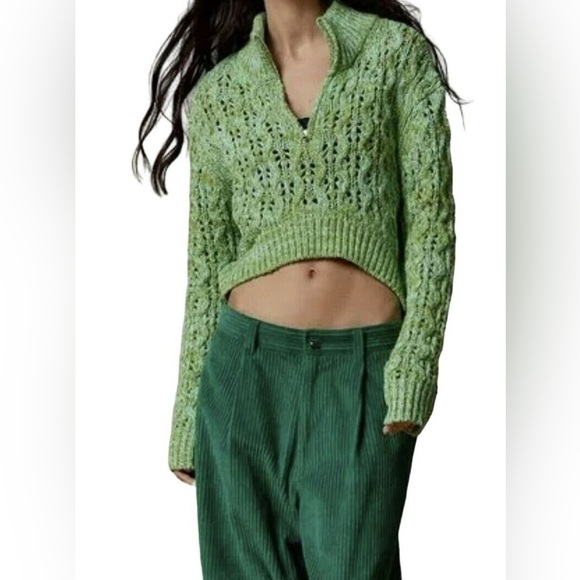 Urban Outfitters BDG Killian Quarter-Zip Pointelle Green Knit Sweater Sz M NWOT - Picture 2 of 9